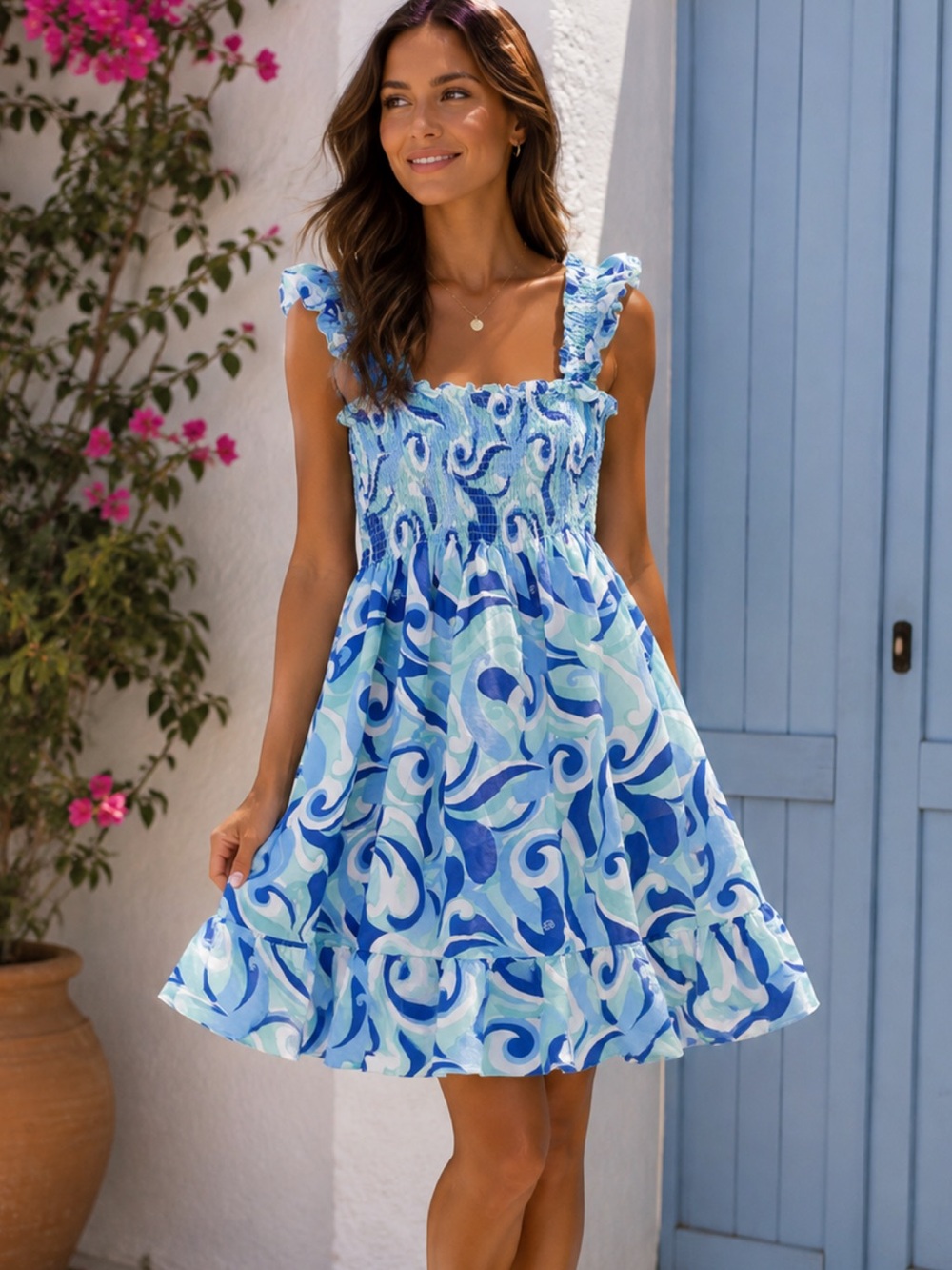 Hill House Elizabeth Nap Blue Swirl Smocked Ruffle Mini Dress S